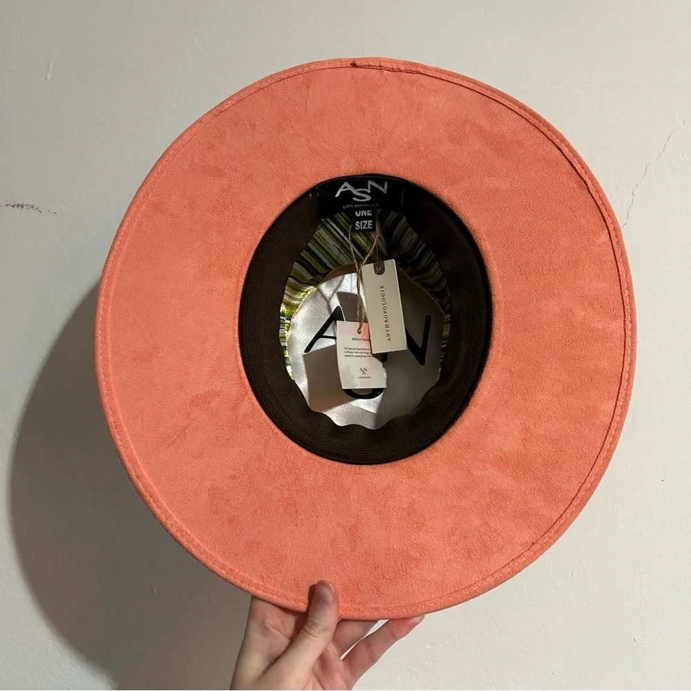 Anthropologie ASN Watermelon Sugar Pink Vegan Suede Boater Hat - Picture 11 of 11